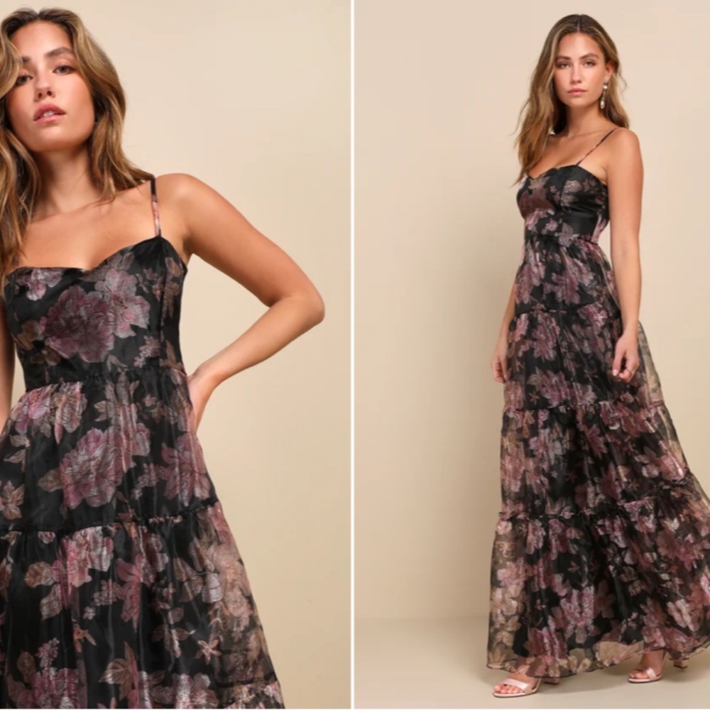 Lulu's Black Floral Tiered Maxi Dress with Pink & Mauve Accents - Picture 3 of 4